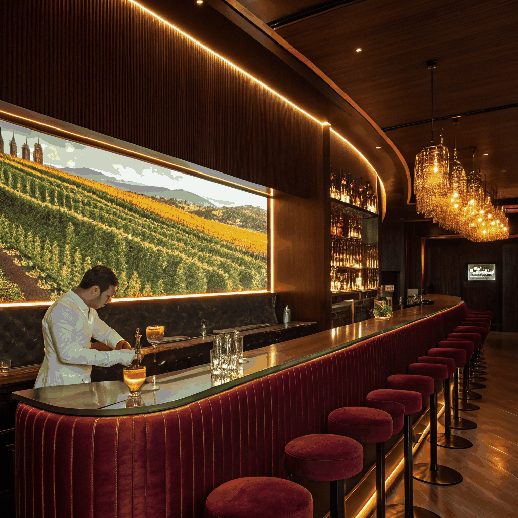 Warm cocktail bar with spirits and glassware