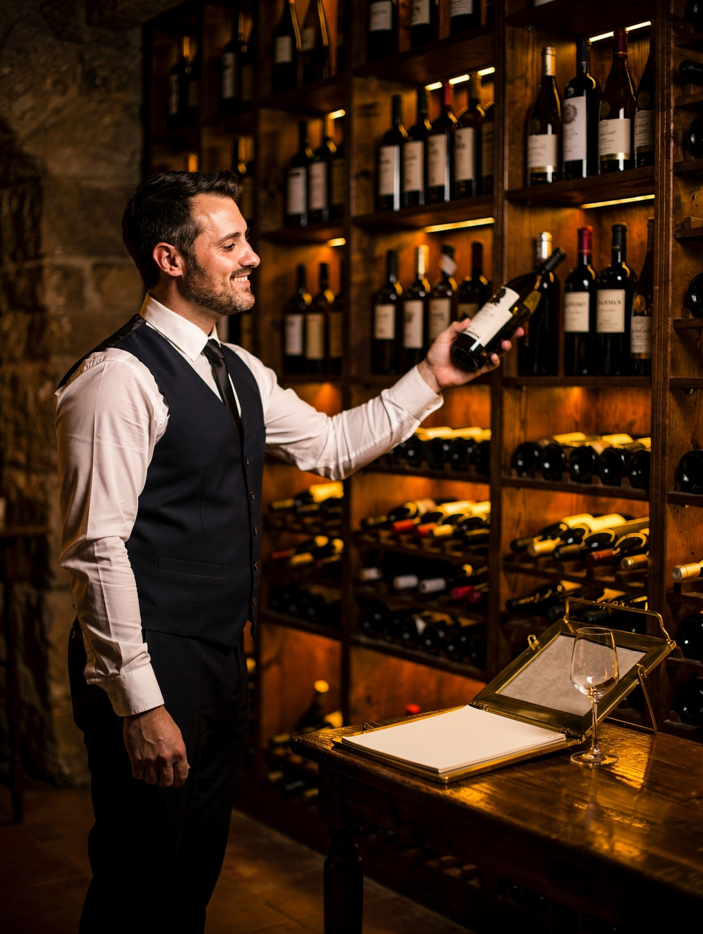Sommelier inspecting wine bottles in the cellar
