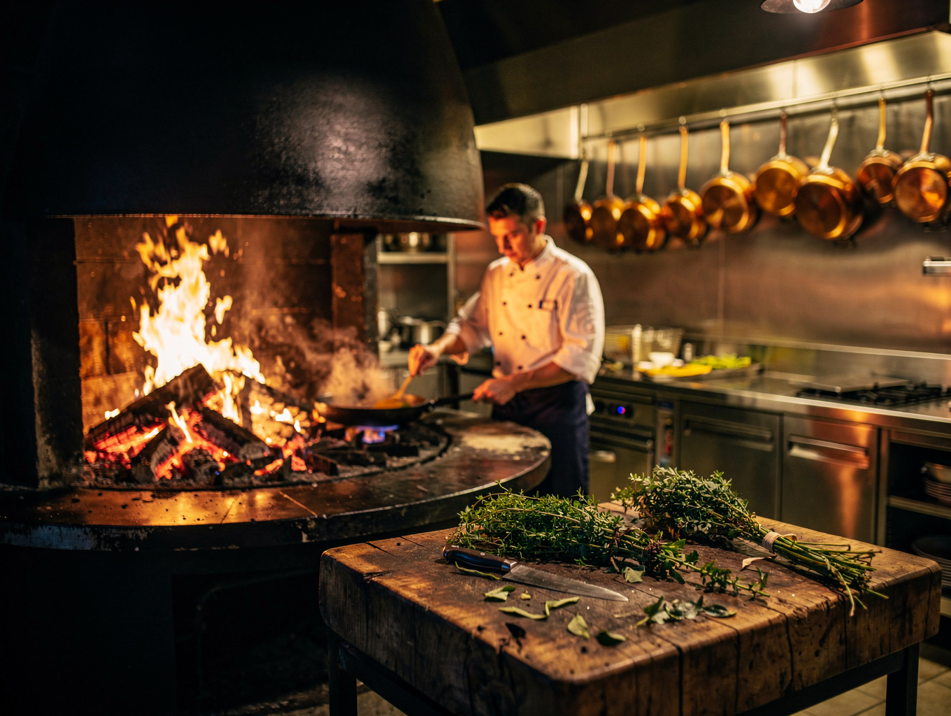 Chef preparing food over wood-fire embers in open kitchen